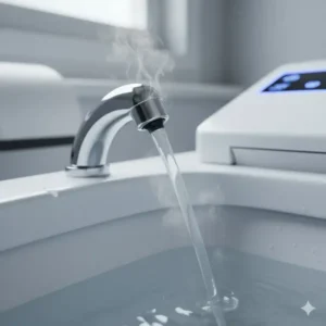 Close-up of the adjustable, toilet with warm water bidet spray in action on a modern smart toilet.