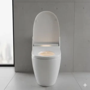 Front view of a white, high-end luxury bidet with wireless remote control and heated seat feature.