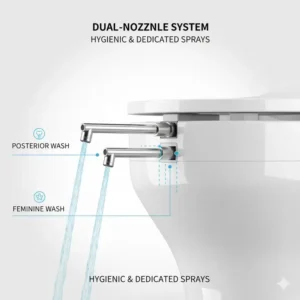 Close-up view of the dual nozzles of a premium bidet with feminine wash function, showing dedicated sprays for hygiene and comfort.
