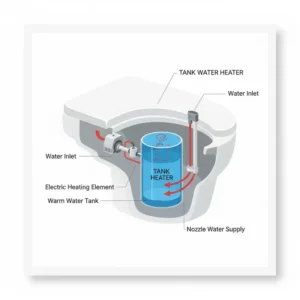 Diagram showing the tank water heater component inside an electric bidet seat, illustrating the reservoir holding warm water.
