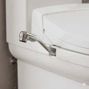 Close-up view of the self-cleaning bidet wand nozzle retraction and spray mechanism on a toto toilet with heated seat and bidet.