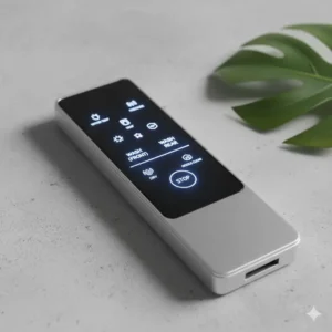 Close-up of the sleek remote control for a luxury bidet with modern aesthetic design.