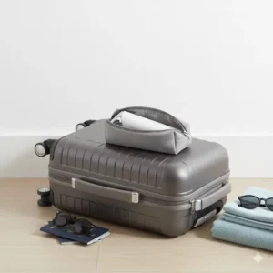 A cordless bidet device neatly packed into a small carry case or suitcase, highlighting its suitability for travel.