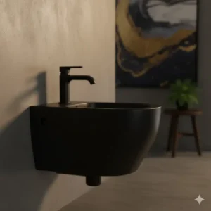 A sleek matte black designer bidet artistic modern look highlighting its finish and color.