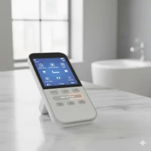 Close-up of the intuitive wireless remote control used to operate the luxury bidet's settings.