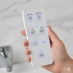 A hand holding the wireless remote control for a premium bidet with feminine wash function, with clear buttons for various settings like water temperature and pressure.