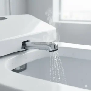 Retracting, self-cleaning nozzle mechanism on a toilet with warm water bidet function.