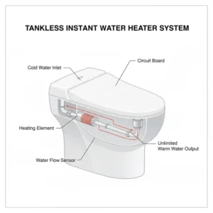 Close-up view of a bidet seat's tankless instant water heater, highlighting the sleek, slim design that provides unlimited warm water on demand.