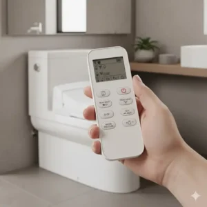 Hand holding the easy-to-use wireless remote control for adjusting the toto toilet with heated seat and bidet's settings.