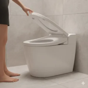 A user approaching a toilet with an automatic open/close seat, representing a luxury bidet with modern aesthetic design.