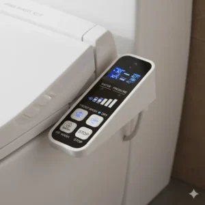 Detailed shot of the easy-to-use control panel for adjusting the toilet with warm water bidet temperature and wash pressure.