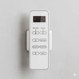 Wireless remote control for a bidet with heated water, showing buttons for adjustable water temperature and pressure settings.