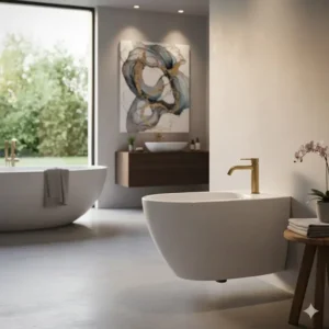 A wall-mounted designer bidet artistic modern look providing a floating, minimalist design.