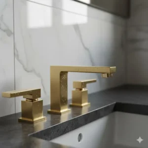 Detail view of sophisticated brass fittings on a designer artistic bidet for exclusive bathrooms, installed in a high-end setting.