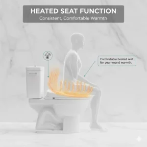 Illustration highlighting the heated seat feature of a premium bidet with feminine wash function, providing consistent warmth and comfort.