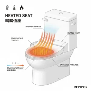 Diagram illustrating the comfortable heated seat technology and warmth levels available on the toto toilet with heated seat and bidet.