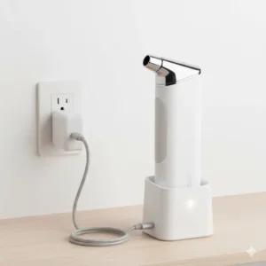 An illustration showing a USB rechargeable cordless bidet base connected to a charging cable.