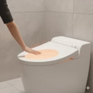 A hand touching a warm, illuminated toilet seat, showcasing the heated seat feature of a luxury bidet with modern aesthetic design.