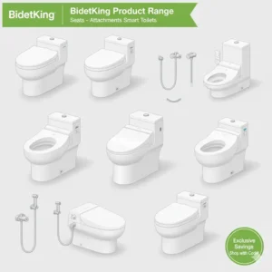 A display of various BidetKing products, including seats and attachments.