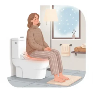 Person sitting comfortably on a bidet's heated seat in a bathroom, emphasizing the luxury and comfort feature in colder seasons.