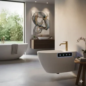 Detail of a smart designer bidet artistic modern look with integrated control panel.