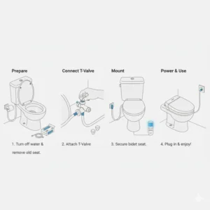 Simple graphic illustrating the step-by-step installation of the smart luxury bidet with wireless remote control onto a standard toilet.