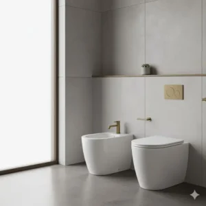 A full view of a modern artistic bidet for exclusive bathrooms and matching toilet suite in a well-lit, contemporary space.