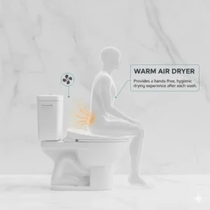 Diagram showing the warm air dryer feature of a premium bidet with feminine wash function, for a touchless and hygienic drying experience.