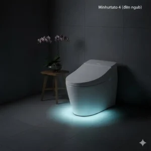 A dimly lit bathroom with a toilet glowing with a blue night light, illustrating a luxury bidet with modern aesthetic design.
