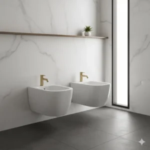 A stylish, wall-mounted bidet installation, ideal for those seeking an artistic bidet for exclusive bathrooms.