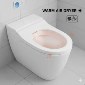 Illustration of the warm air dryer feature, which provides hands-free drying after using the toilet with warm water bidet.