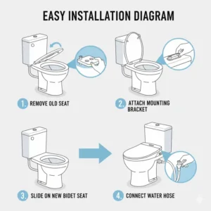 Step-by-step installation guide for a premium bidet with feminine wash function, demonstrating its easy setup process on a standard toilet.