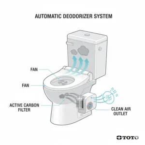 Schematic illustration of the automatic air purifying and deodorizer system built into the toto toilet with heated seat and bidet.