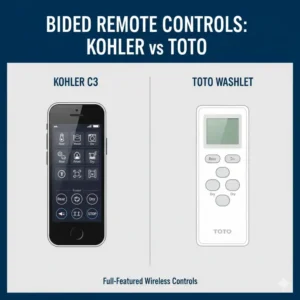 Distinct wireless remote controls for both Kohler and Toto bidet seats, detailing the user interface difference in Kohler vs Toto bidet.