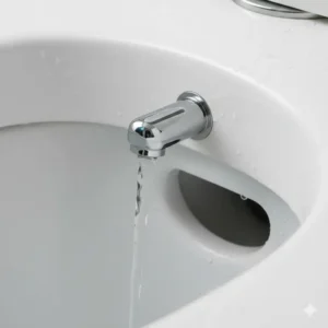 Detail view of a stainless steel self-cleaning nozzle on a luxury bidet with modern aesthetic design.