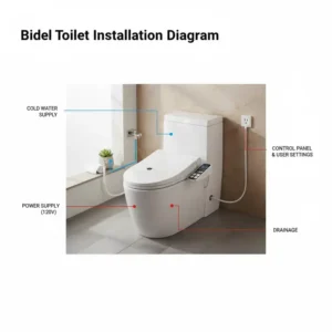 Simple diagram showing how to install a combination toilet with warm water bidet system.