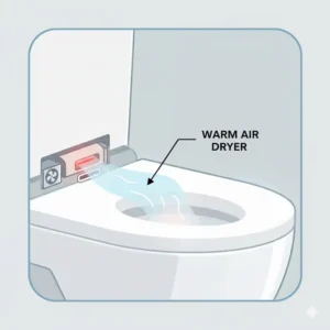 Illustration of the built-in warm air dryer on a heated bidet seat, eliminating the need for toilet paper and enhancing an eco-friendly experience.