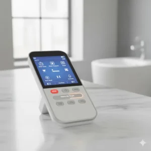 Screen display of the wireless remote control, showing options for water temperature and pressure settings for the luxury bidet.