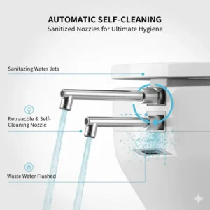 Detailed view of the self-cleaning mechanism for the nozzles of a premium bidet with feminine wash function, ensuring optimal hygiene with every use.