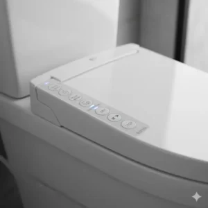 Side view of the integrated washlet control panel on the toto toilet with heated seat and bidet.