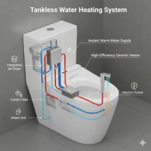A diagram illustrating the tankless water heating system of a luxury bidet with modern aesthetic design.