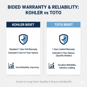 Infographic contrasting the manufacturer's warranty and long-term reliability details for Kohler vs Toto bidet models.
