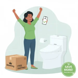A happy customer reviewing their new, affordable bidet purchased with a BidetKing discount code.
