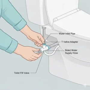 Step-by-step image of a user performing the easy installation of a bidet with heated water, specifically showing the connection of the T-valve to the water line.