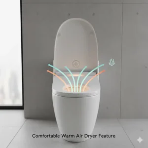 A diagram highlighting the comfortable warm air dryer function available on this advanced luxury bidet with wireless remote control model.