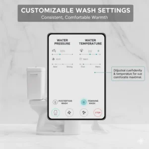 User interface display showing customizable water pressure and temperature settings for a premium bidet with feminine wash function, allowing personalized comfort.