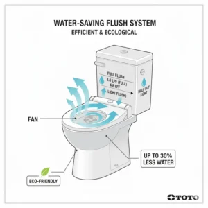 Image showcasing the high-efficiency, water-saving flush system of the toto toilet with heated seat and bidet.