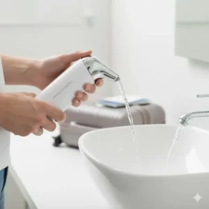 A simple, non-graphic depiction of a hand holding and operating the cordless bidet sprayer, illustrating the practical application.