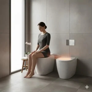 A woman sitting on a bidet with warm air flowing, demonstrating the integrated air dryer feature of a luxury bidet with modern aesthetic design.