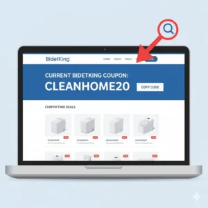 An illustration showing where to find the current BidetKing coupon or discount code on their website.